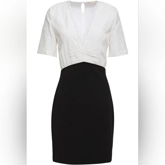 Maje Ravelle Lace-Inset Ceep V Neck Colorblock Mini Dress Ptp 17" Sz 3 UK / L US - Picture 6 of 16